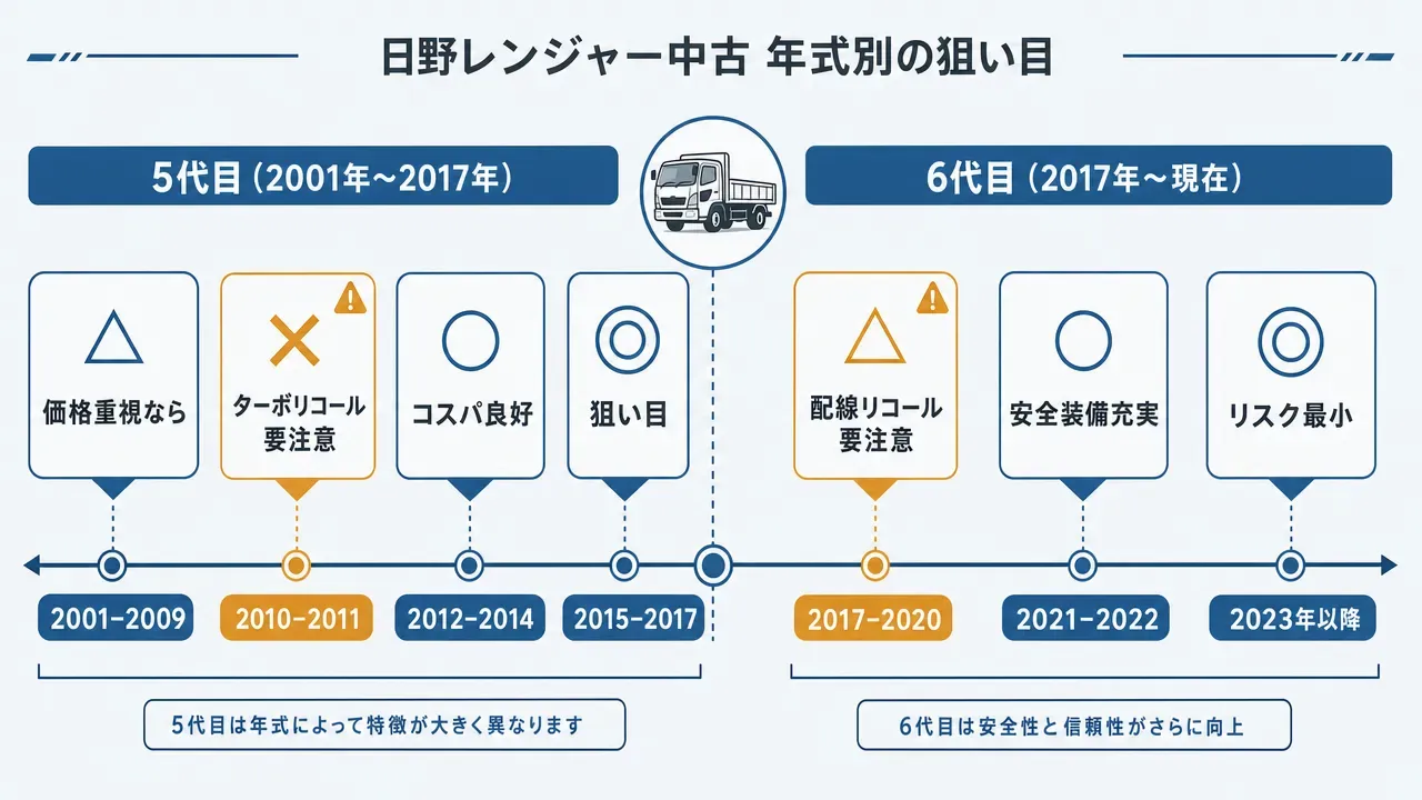 日野レンジャー中古で注意すべき6つの弱点・故障リスク箇所を車両側面図上に示した図。ターボチャージャー、電気配線、DPF/DPR、インジェクター、EGRバルブ、エアサスペンションの各位置を警告マーク付きで表示。