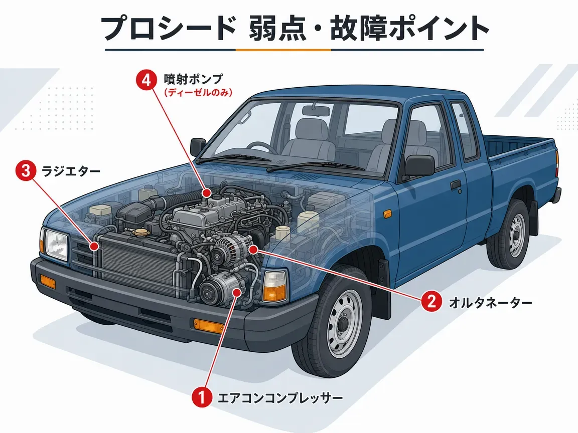 マツダ プロシード キャブプラスの弱点・故障ポイントを示す車両図解。エアコンコンプレッサー、オルタネーター、ラジエター、噴射ポンプ(ディーゼル車)の位置をエンジンルーム透視図上に表示