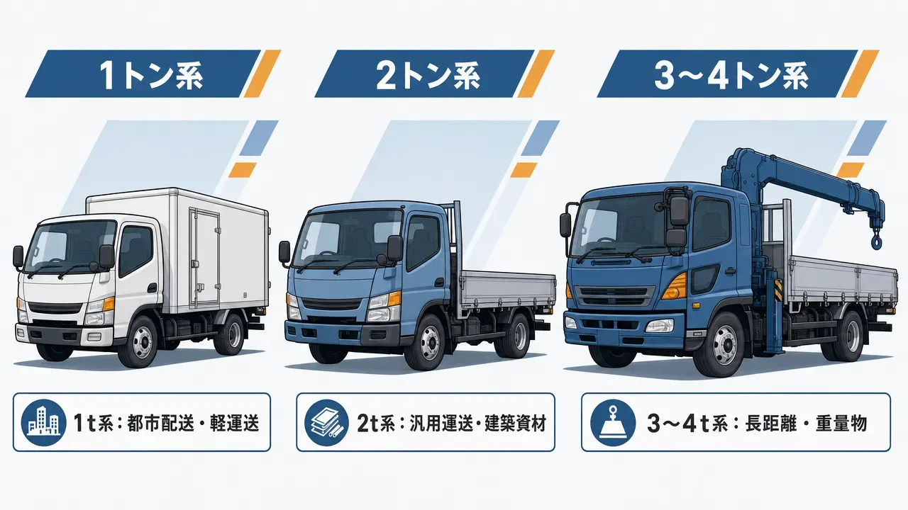 中古ダイナ購入時のチェックフロー。①書類確認(整備記録・車検証・リコール)、②エンジンルーム(オイル漏れ・冷却水・異音)、③下回り(フレーム錆・リーフスプリング)、④試乗(クラッチ・ブレーキ・異音)の4ステップを左から右へ矢印で接続。