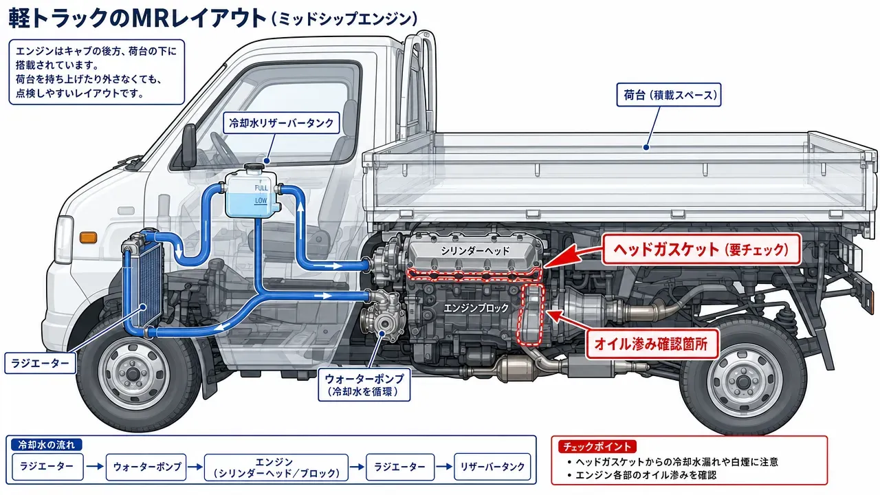 アクティトラック車両下面のチェックポイントマップ。①フレーム(サビ・腐食確認)、②エンジン下部(オイル滲み)、③ミッション周辺(オイル漏れ)、④足回りブッシュ(劣化・ガタ)、⑤荷台床板(腐食)の5箇所を番号とラベルで表示。