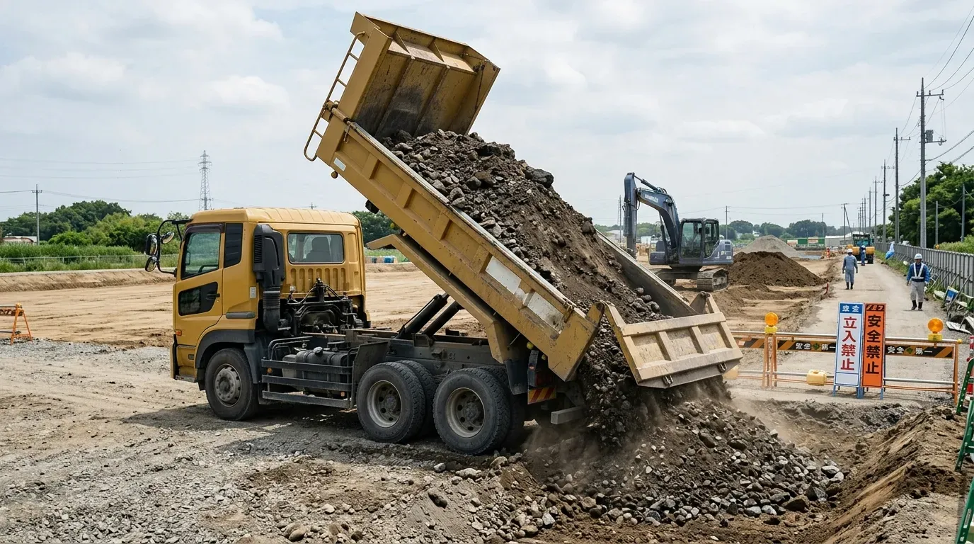建設現場で大型ダンプトラックが荷台を傾けて土砂を排出している情景写真