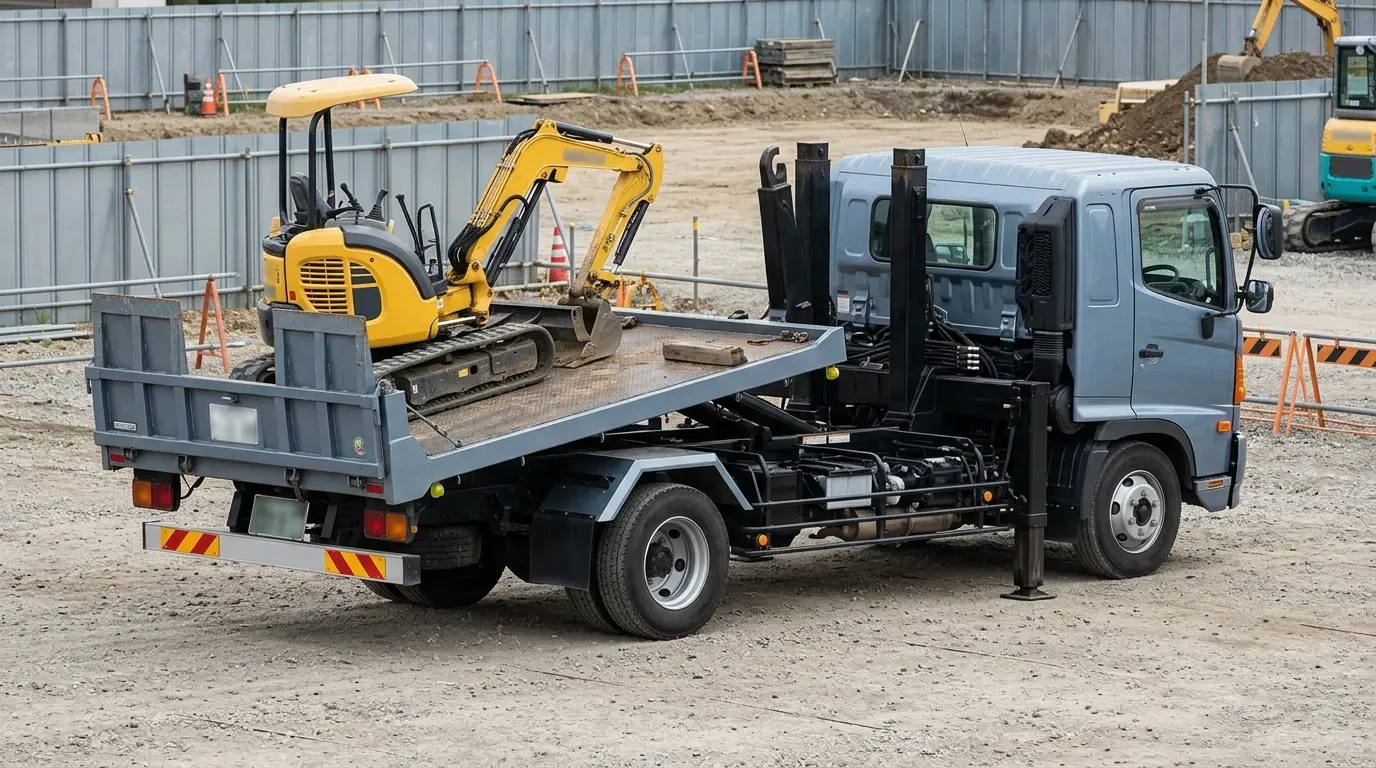 建設現場に停車したセルフローダー。油圧ショベルを積載し、次の現場への移動準備が整った状態