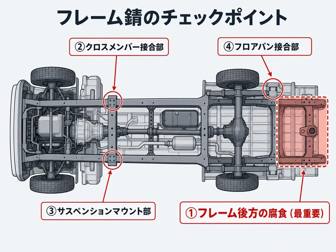 ダットサントラックのラダーフレーム下面図。フレーム後方の腐食、クロスメンバー接合部、サスペンションマウント部、フロアパン接合部の4箇所をチェックポイントとして赤矢印で表示