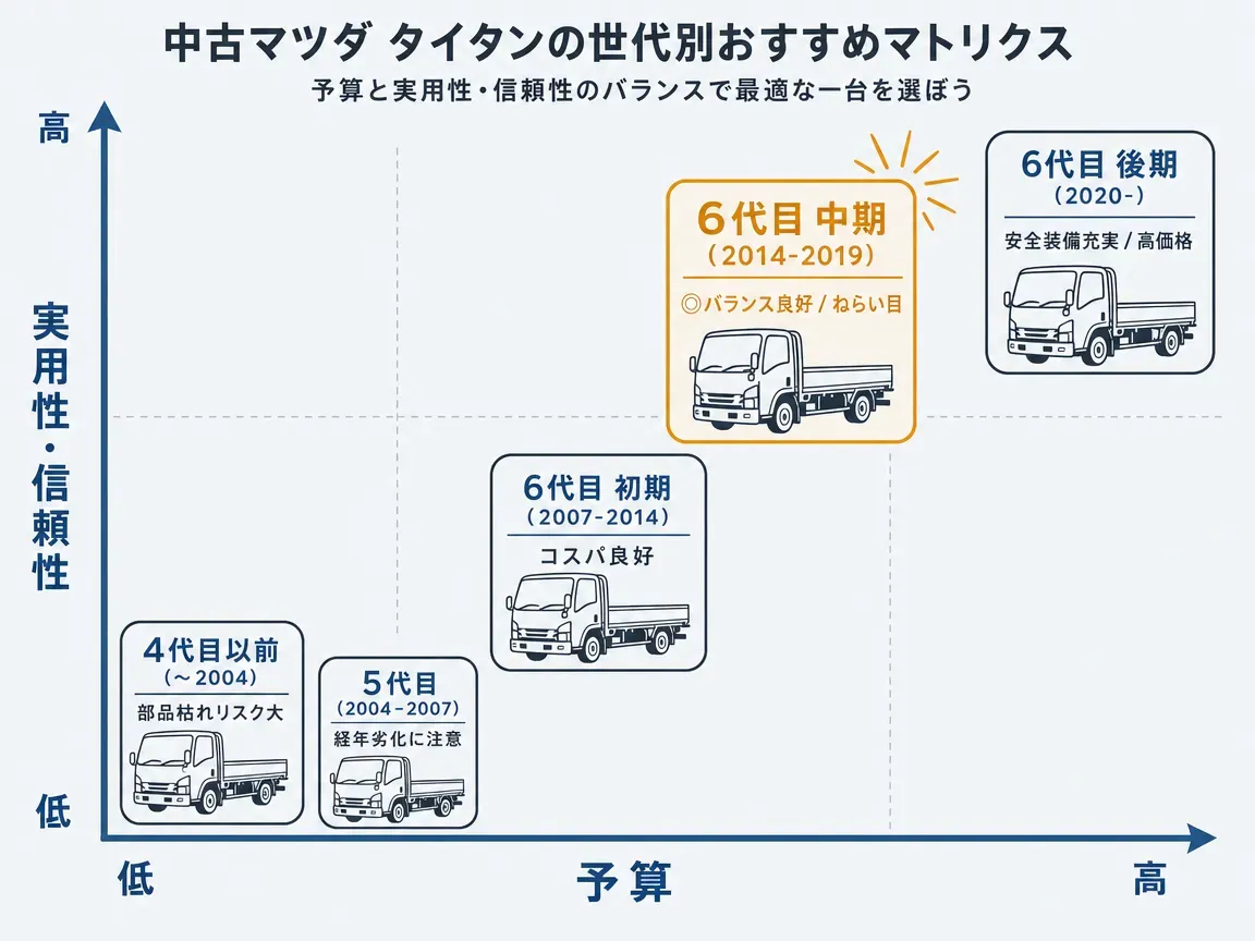 中古タイタンの現車確認箇所を車体側面図上に示した図。①エンジンルーム（始動音・冷却水・排気色の確認）、②フレーム下面（錆・穴あき・補修痕の確認）、③荷台・架装（床板腐食・アオリ開閉・油圧動作の確認）、④足まわり（クラッチ・シフトフィール・異音振動の確認）の4エリアを番号付きで図示。