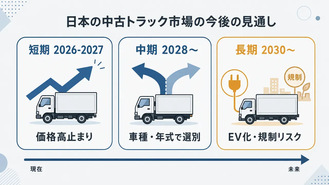 中古トラック市場の今後の見通しを示す時間軸マップ。短期(2026-2027)は価格高止まり、中期(2028〜)は車種・年式での選別、長期(2030〜)はEV化・規制リスクの3段階で整理。