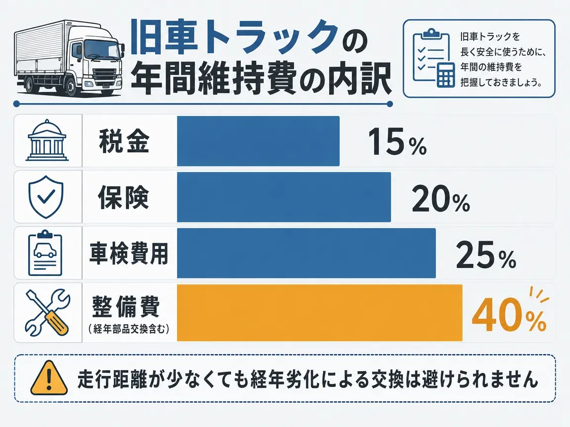 旧車トラックの部品調達4ルートのフロー図。中古部品・リビルト、海外逆輸入、汎用品流用、ワンオフ製作の順に、入手しやすさの目安付きで整理
