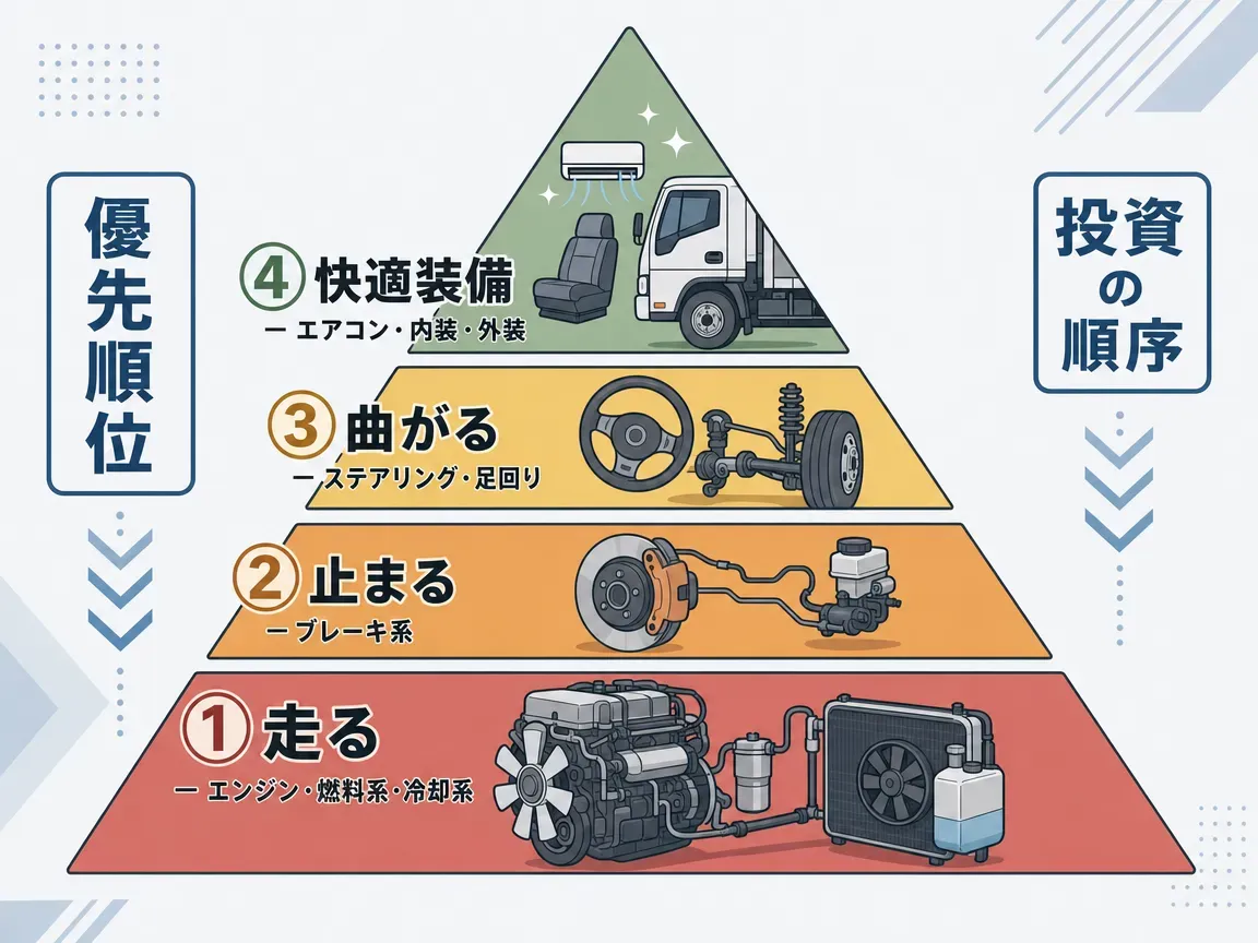 旧車トラックのレストア優先順位を示すピラミッド図。①走る(エンジン・燃料・冷却)→②止まる(ブレーキ)→③曲がる(ステアリング・足回り)→④快適装備(エアコン・内装・外装)の4段階
