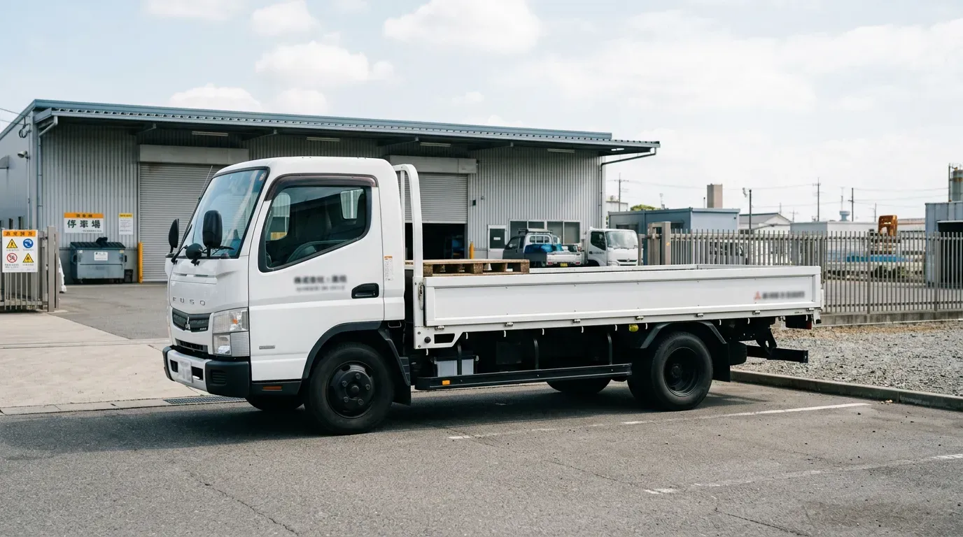 トラック売却前の準備風景。清掃されたキャンターの荷台と、整備記録ノート・車検証などの書類が整然と並べられた実務的な情景