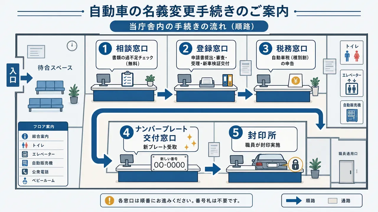 中古トラックの納車シーン。販売店の敷地内で清掃・整備された中型トラック（ウイング車）が引き渡される情景。ナチュラルなソフトデイライトの下、実務的な雰囲気の納車の様子