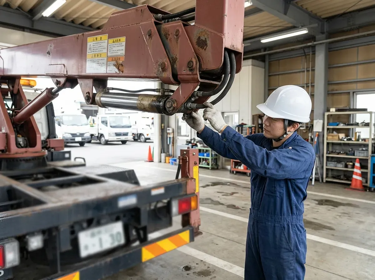 中古トラック販売店の展示場に並ぶ様々なサイズ・形状のトラック式高所作業車。複数台が整然と並ぶ俯瞰風景。